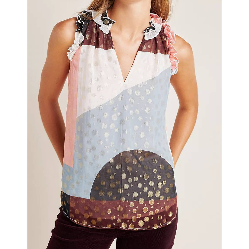 Anthropologie Multicolor Geometric Ruffle Sleeveless Top